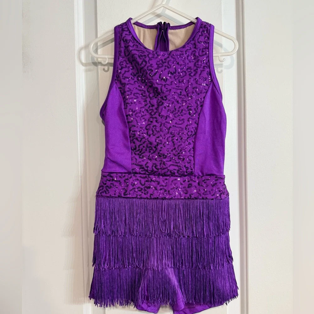 Weissman Purple Sequin Fringe Dance Costume Jazz Tap Comp Leotard Child